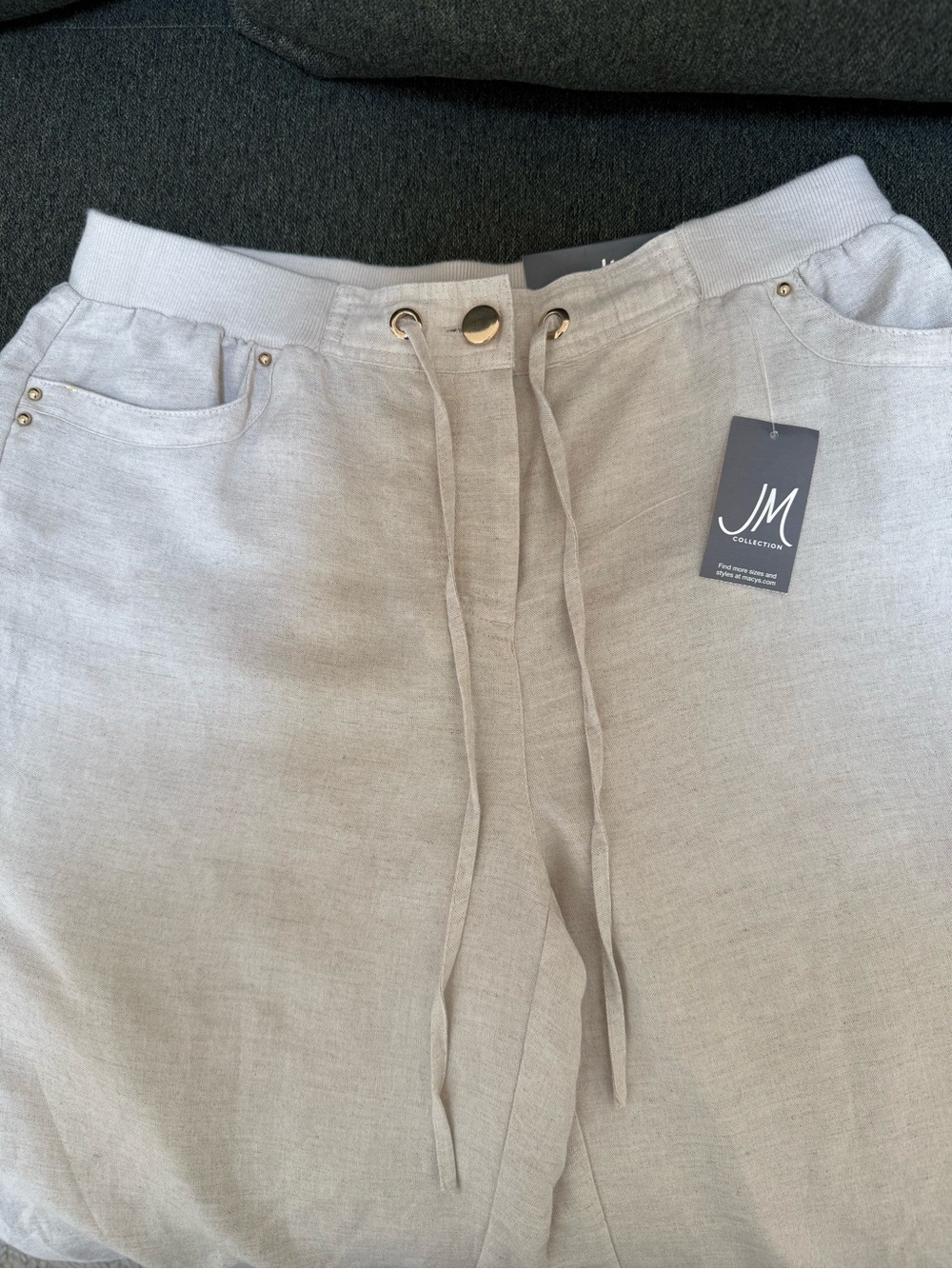 JM Collection Beige Linen-Blend Drawstring Pants